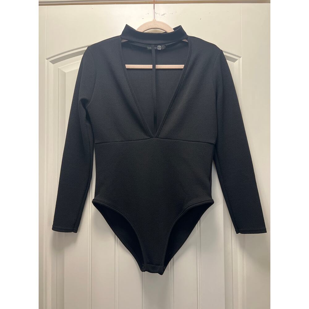 Boohoo Night Women’s Long Sleeve Deep V Neck Choker Bodysuit Top Size 8 Black